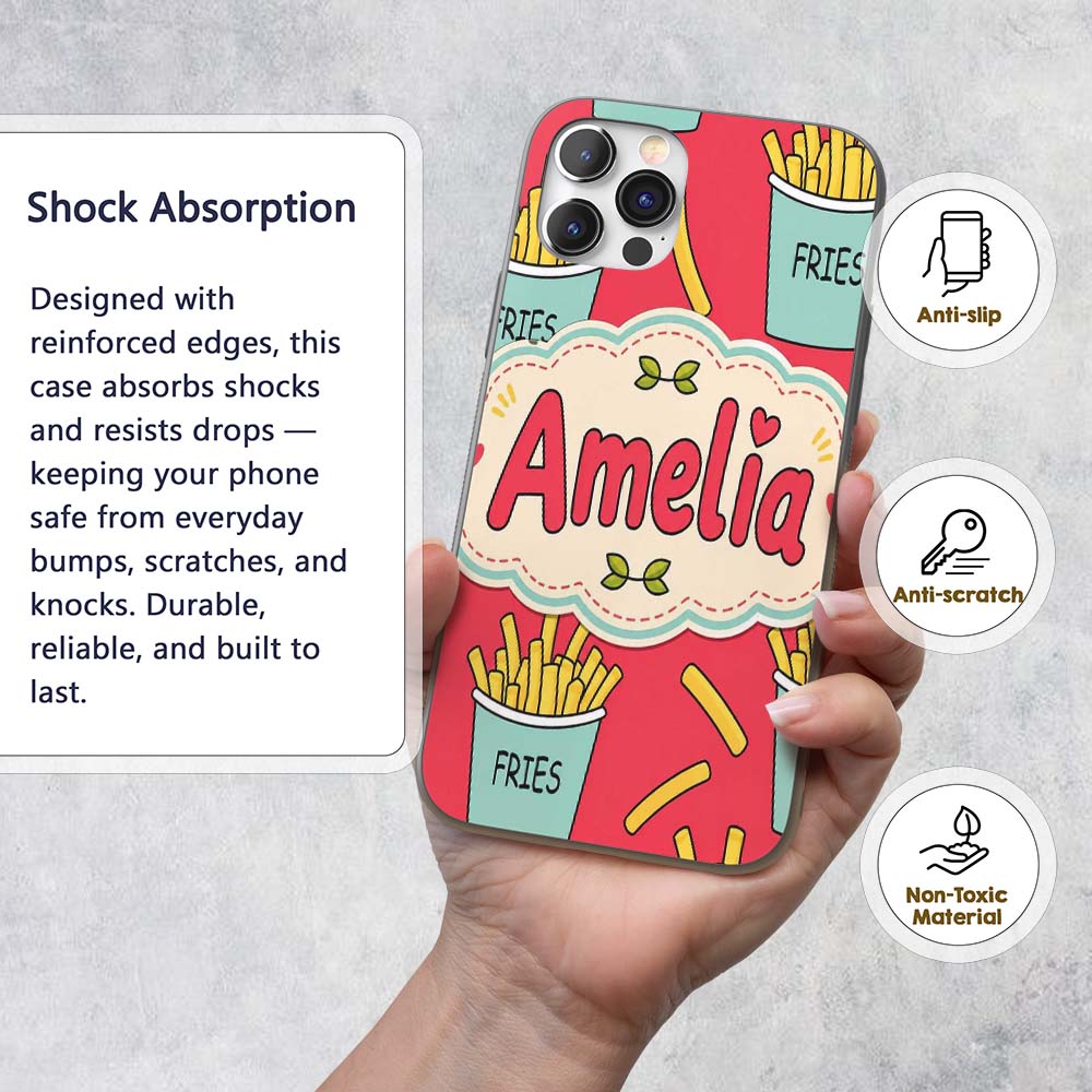 Cute French Fries Cartoon Snack Seamless Pattern Custom Name Protective Phone Case Mobile Cover Durable Everyday Smartphone Shock Resistant