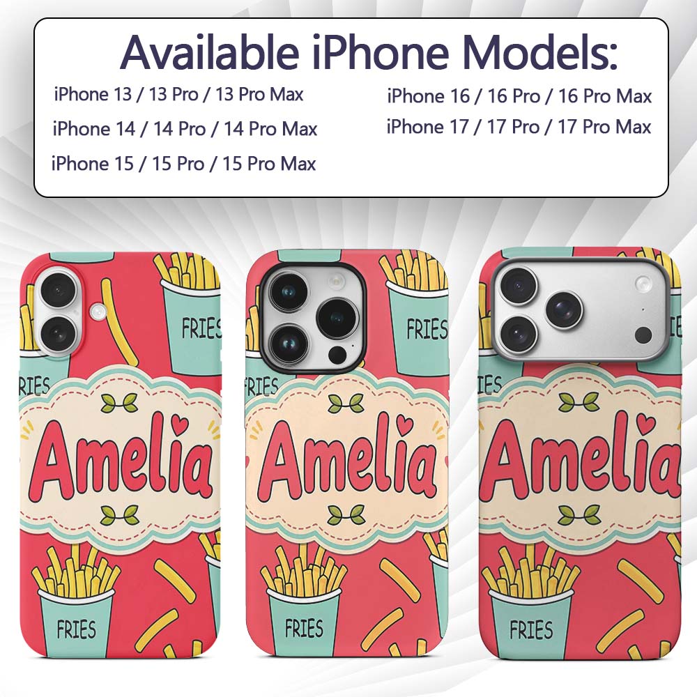 Cute French Fries Cartoon Snack Seamless Pattern Custom Name Protective Phone Case Mobile Cover Durable Everyday Smartphone Shock Resistant