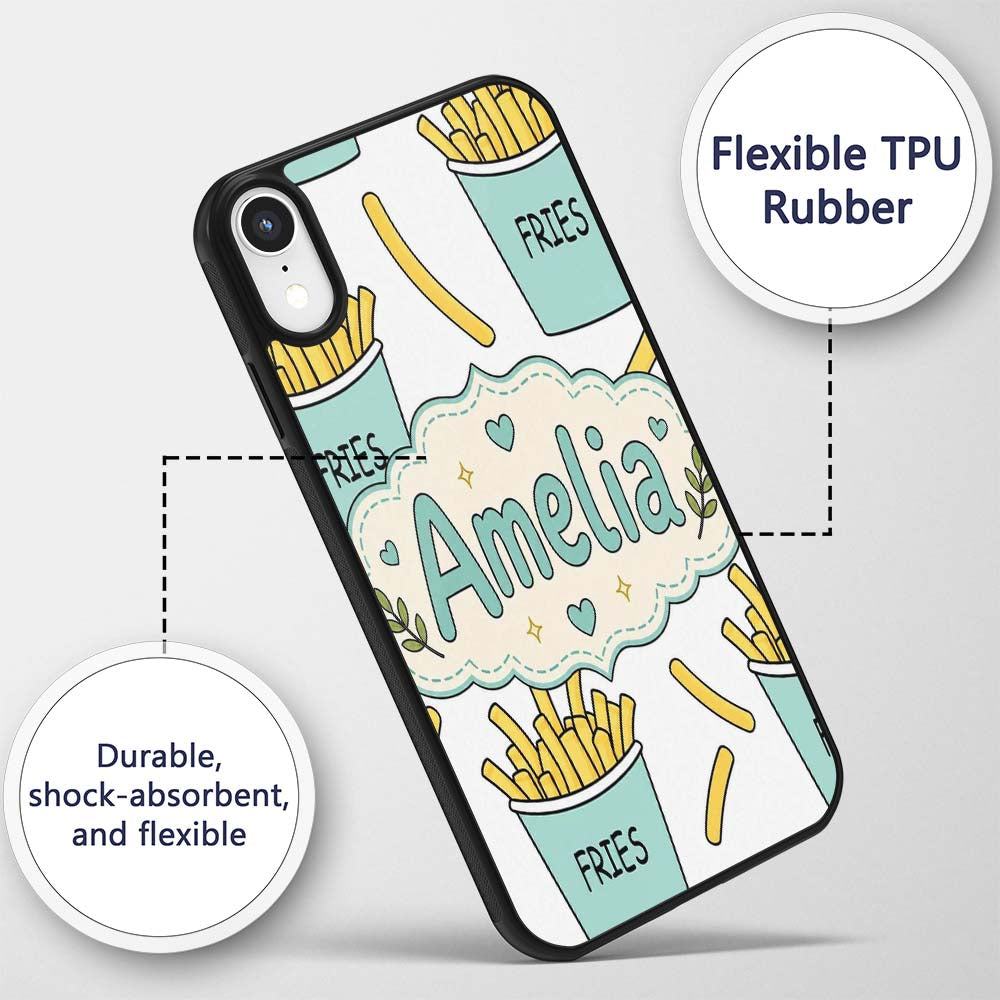 Cute French Fries Cartoon Snack Seamless Pattern Custom Name Protective Phone Case Mobile Cover Durable Everyday Smartphone Shock Resistant