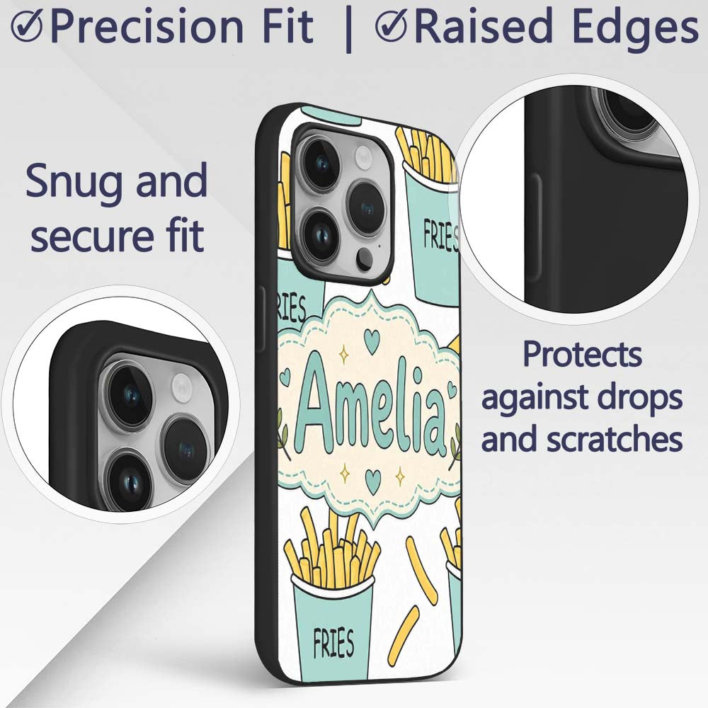 Cute French Fries Cartoon Snack Seamless Pattern Custom Name Protective Phone Case Mobile Cover Durable Everyday Smartphone Shock Resistant