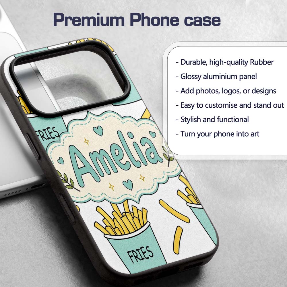 Cute French Fries Cartoon Snack Seamless Pattern Custom Name Protective Phone Case Mobile Cover Durable Everyday Smartphone Shock Resistant