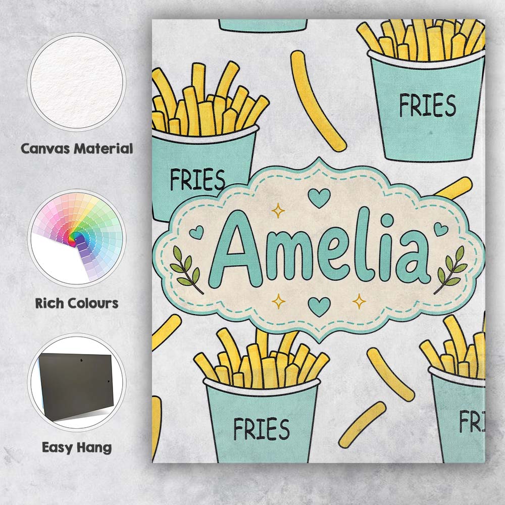 Personalised Name Cute French Fries Cartoon Custom Bespoke Interior Contemporary Canvas Wall Art Print Decor Picture Ready to Hang