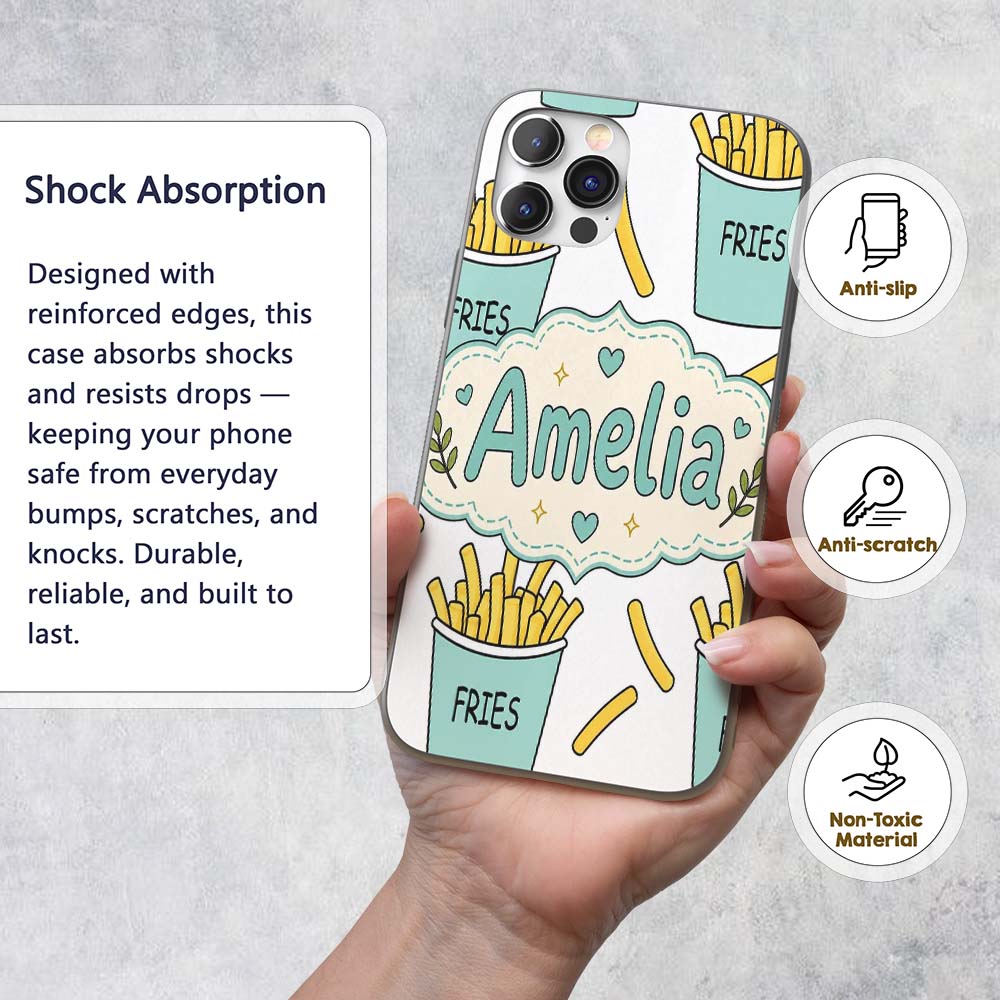 Cute French Fries Cartoon Snack Seamless Pattern Custom Name Protective Phone Case Mobile Cover Durable Everyday Smartphone Shock Resistant