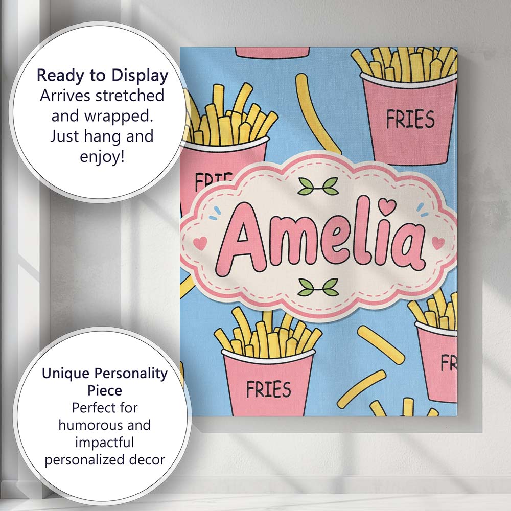 Personalised Name Cute French Fries Cartoon Custom Bespoke Interior Contemporary Canvas Wall Art Print Decor Picture Ready to Hang