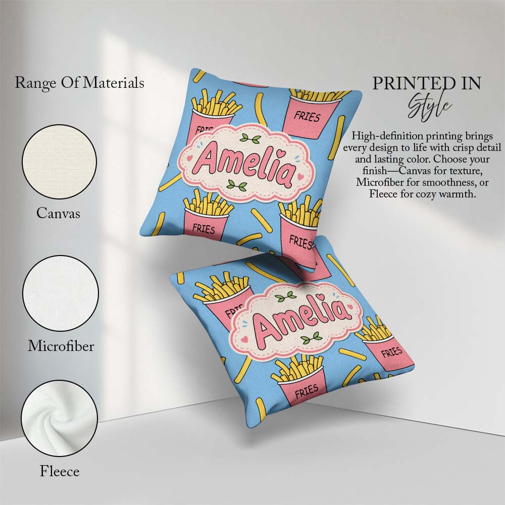 Custom Name French Fries Cartoon Seamless Pattern Pink Cups Blue Square Filled Cushion Throw Pillow Sofa Bed Home Decor Zip Washable UK Made