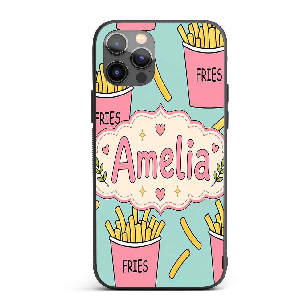 Cute French Fries Cartoon Snack Seamless Pattern Custom Name Protective Phone Case Mobile Cover Durable Everyday Smartphone Shock Resistant