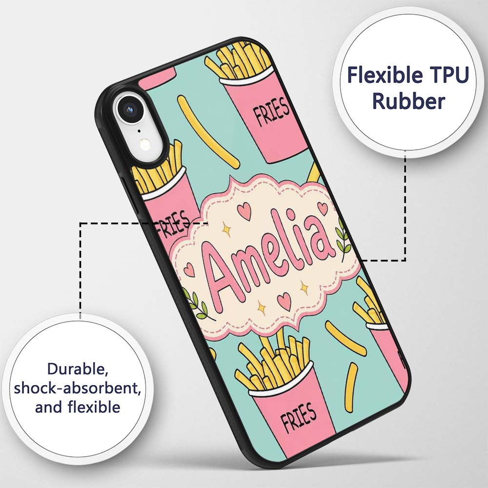 Cute French Fries Cartoon Snack Seamless Pattern Custom Name Protective Phone Case Mobile Cover Durable Everyday Smartphone Shock Resistant