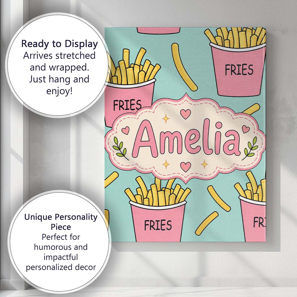 Personalised Name Cute French Fries Cartoon Custom Bespoke Interior Contemporary Canvas Wall Art Print Decor Picture Ready to Hang