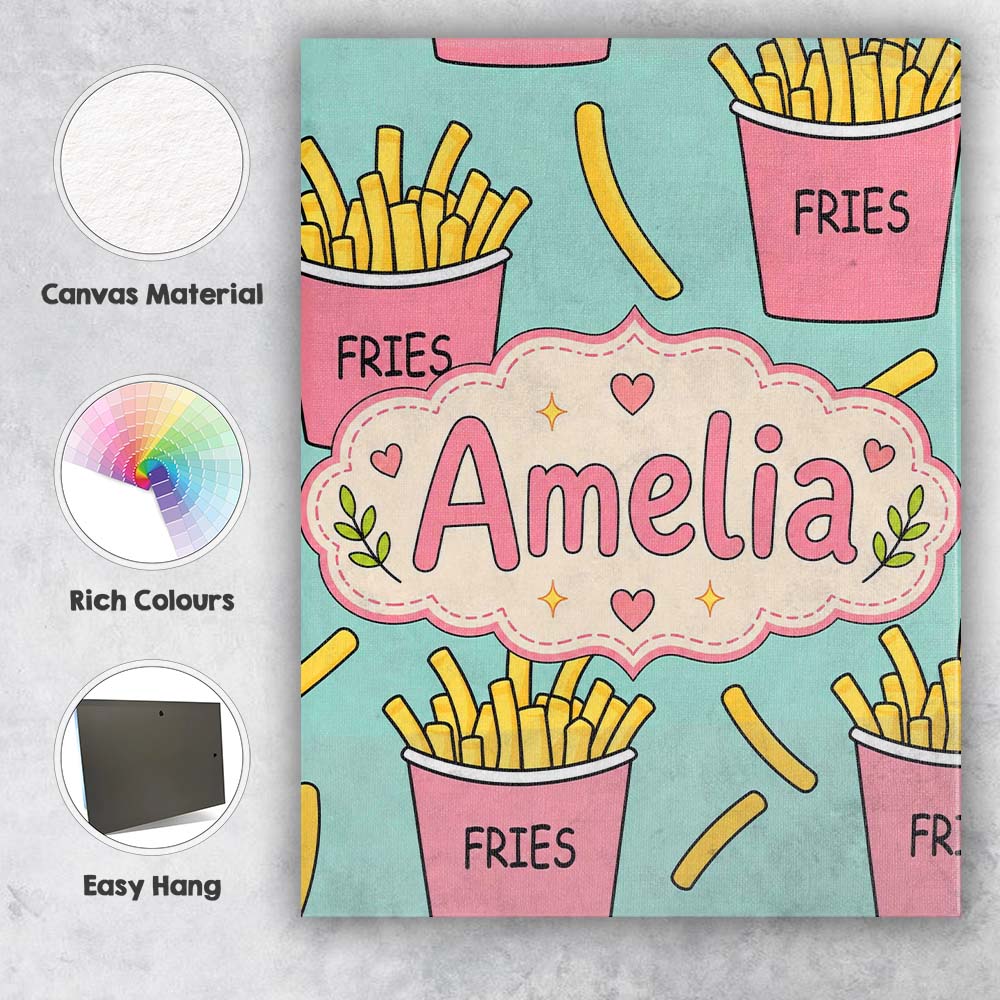Personalised Name Cute French Fries Cartoon Custom Bespoke Interior Contemporary Canvas Wall Art Print Decor Picture Ready to Hang