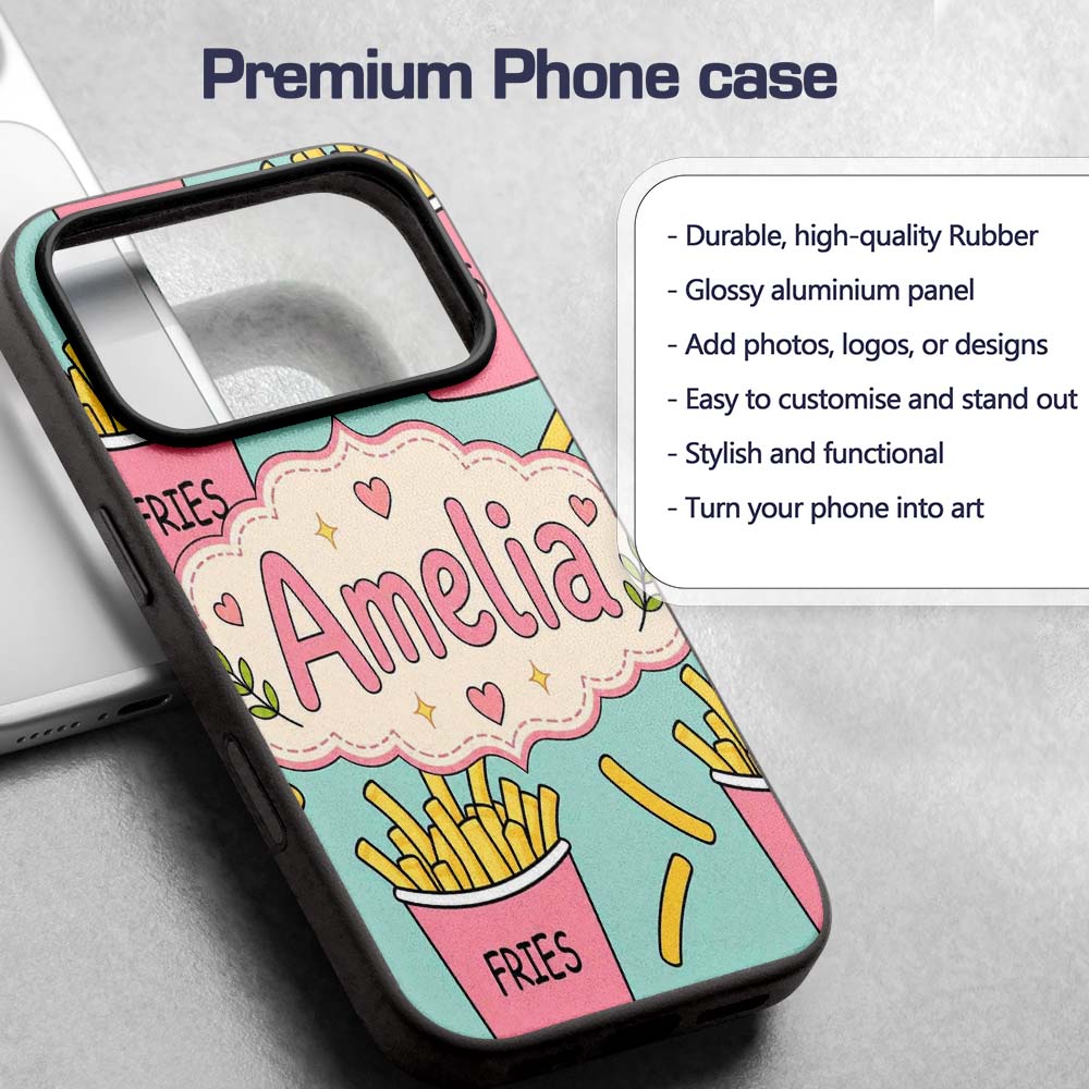 Cute French Fries Cartoon Snack Seamless Pattern Custom Name Protective Phone Case Mobile Cover Durable Everyday Smartphone Shock Resistant