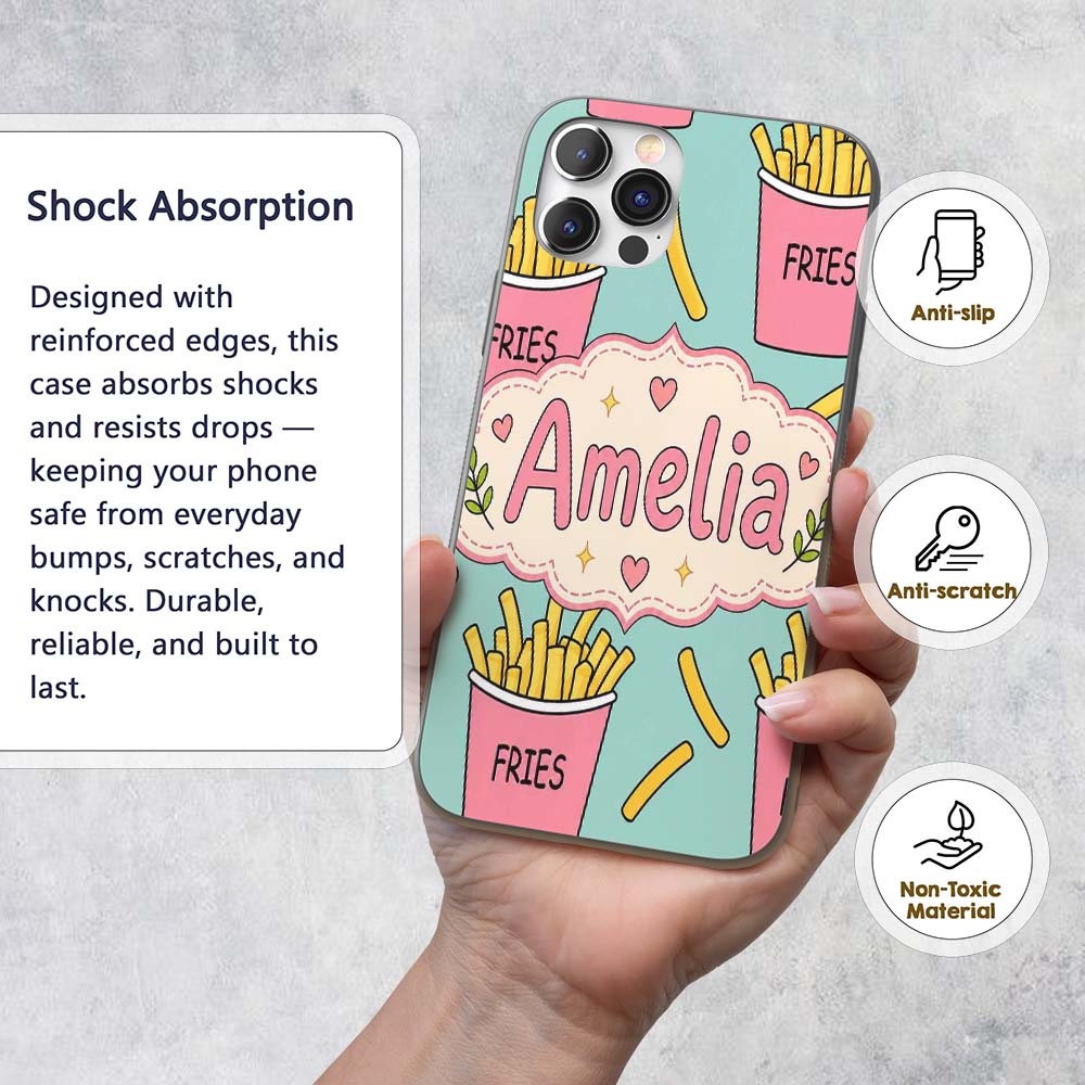 Cute French Fries Cartoon Snack Seamless Pattern Custom Name Protective Phone Case Mobile Cover Durable Everyday Smartphone Shock Resistant