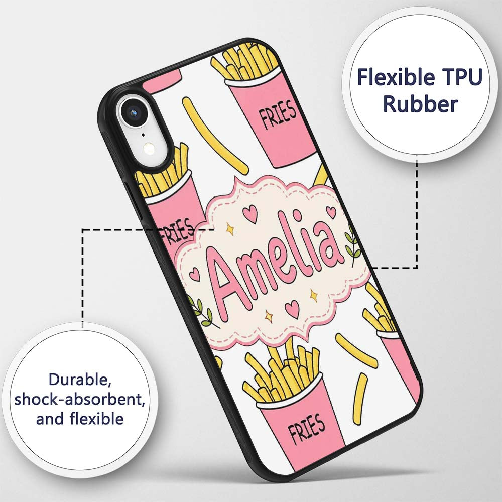 Cute French Fries Cartoon Snack Seamless Pattern Custom Name Protective Phone Case Mobile Cover Durable Everyday Smartphone Shock Resistant
