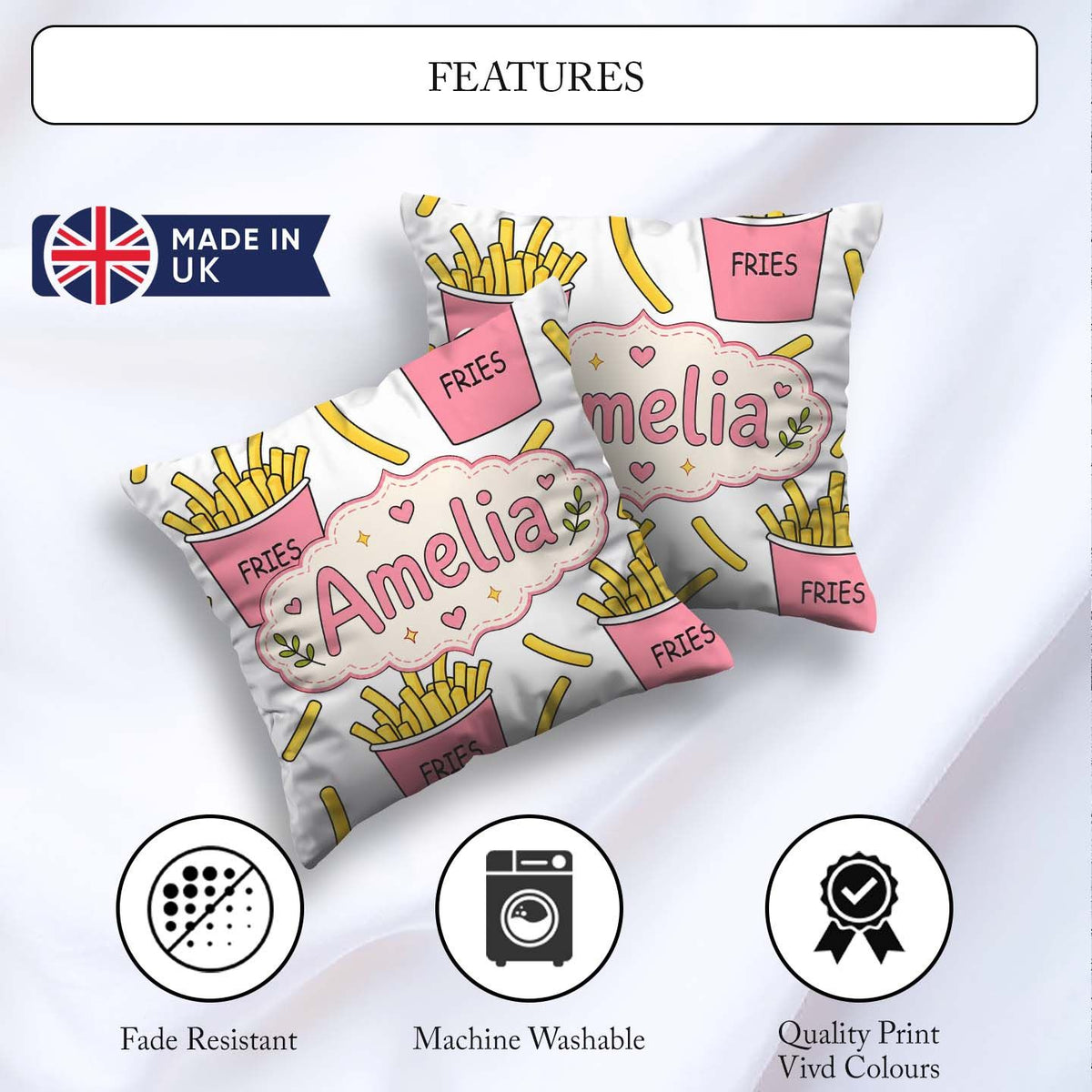 Custom Name French Fries Cartoon Seamless Pattern Pink Cups Grey Square Filled Cushion Throw Pillow Sofa Bed Home Decor Zip Washable UK Made