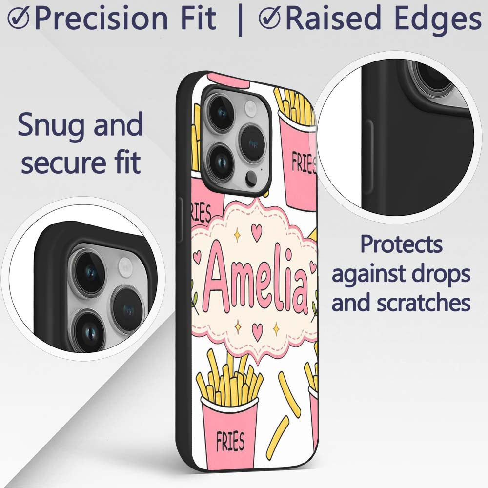 Cute French Fries Cartoon Snack Seamless Pattern Custom Name Protective Phone Case Mobile Cover Durable Everyday Smartphone Shock Resistant
