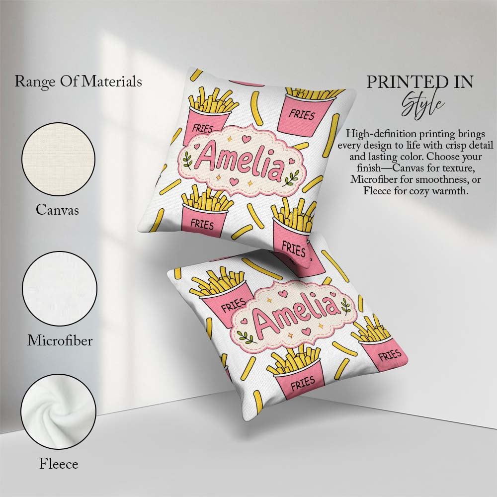 Custom Name French Fries Cartoon Seamless Pattern Pink Cups Grey Square Filled Cushion Throw Pillow Sofa Bed Home Decor Zip Washable UK Made