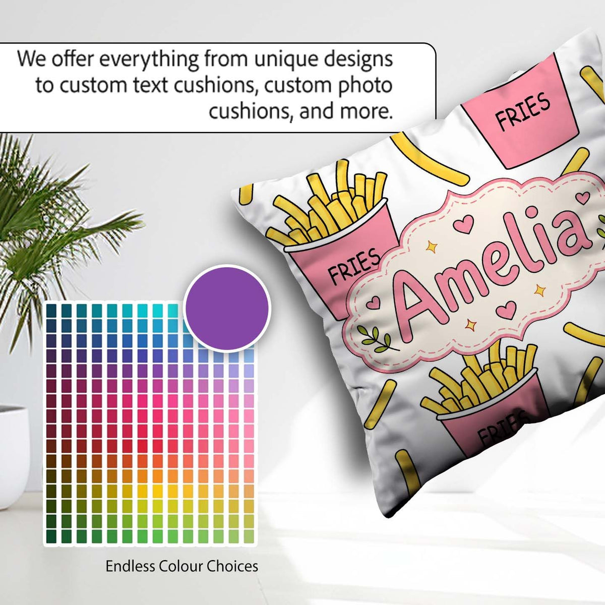 Custom Name French Fries Cartoon Seamless Pattern Pink Cups Grey Square Filled Cushion Throw Pillow Sofa Bed Home Decor Zip Washable UK Made