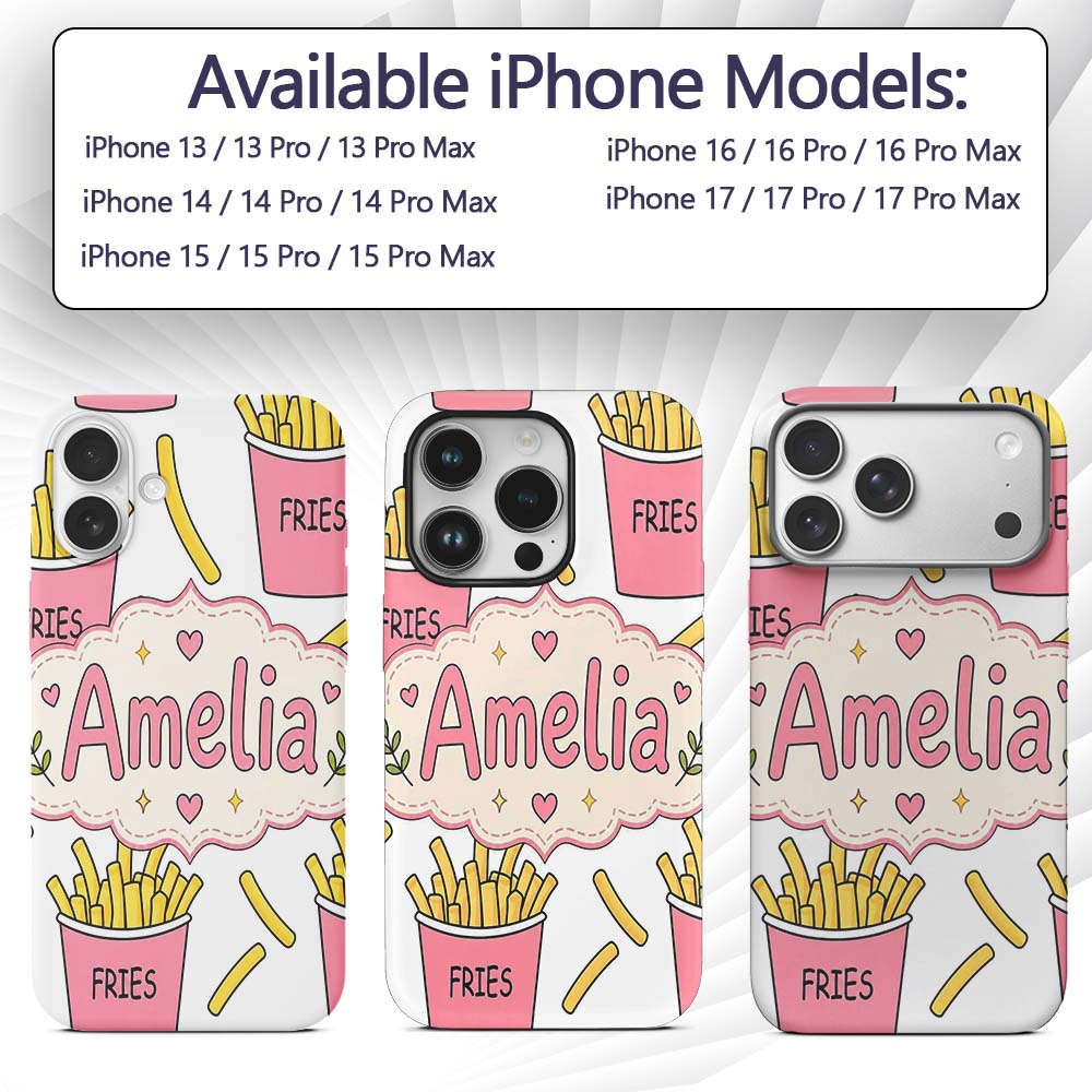 Cute French Fries Cartoon Snack Seamless Pattern Custom Name Protective Phone Case Mobile Cover Durable Everyday Smartphone Shock Resistant