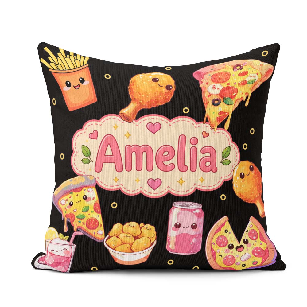 Custom Name Kawaii Fast Food Pizza Chicken Soda Black Background Square Filled Cushion Throw Pillow Sofa Bed Home Decor Zip Washable UK Made