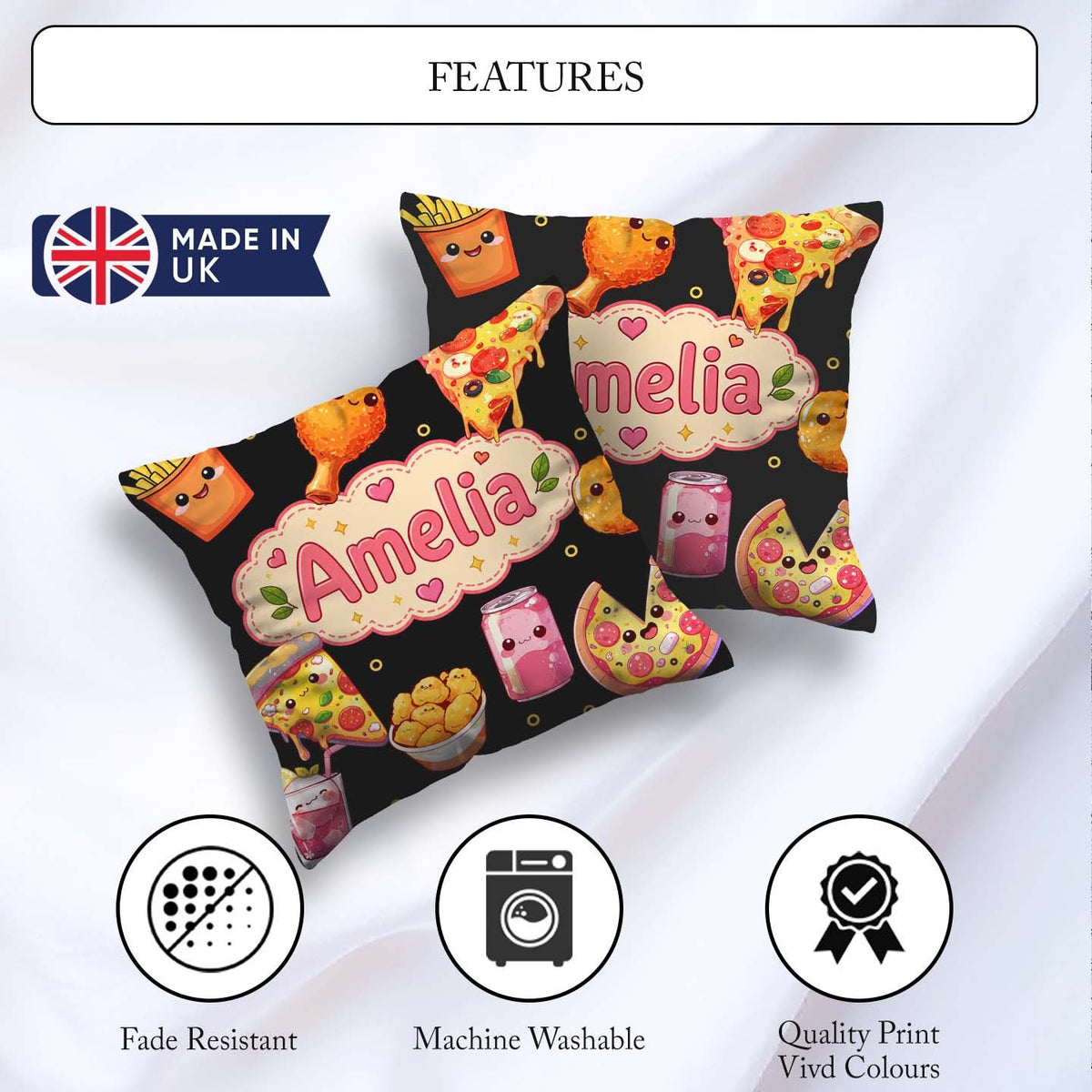 Custom Name Kawaii Fast Food Pizza Chicken Soda Black Background Square Filled Cushion Throw Pillow Sofa Bed Home Decor Zip Washable UK Made