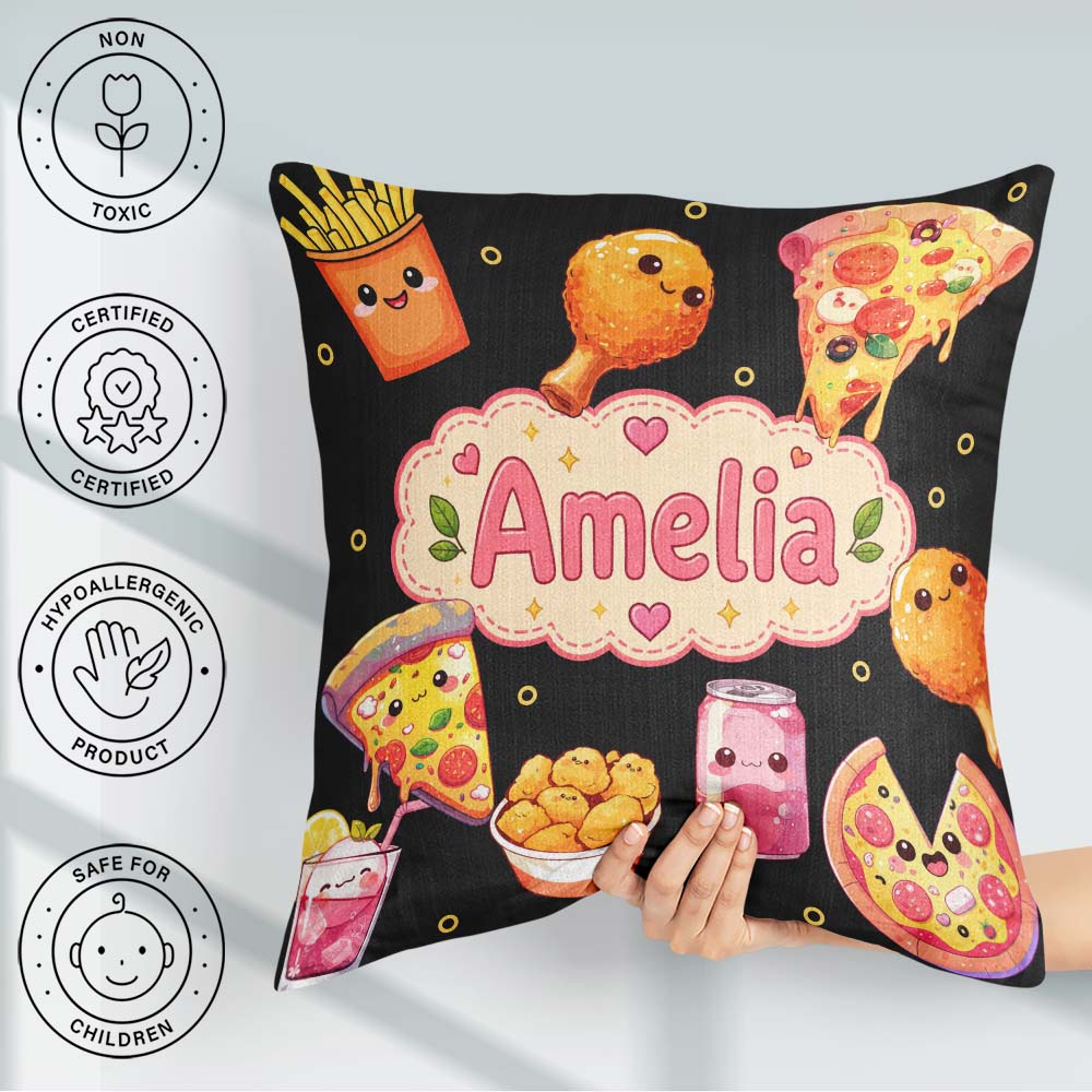Custom Name Kawaii Fast Food Pizza Chicken Soda Black Background Square Filled Cushion Throw Pillow Sofa Bed Home Decor Zip Washable UK Made
