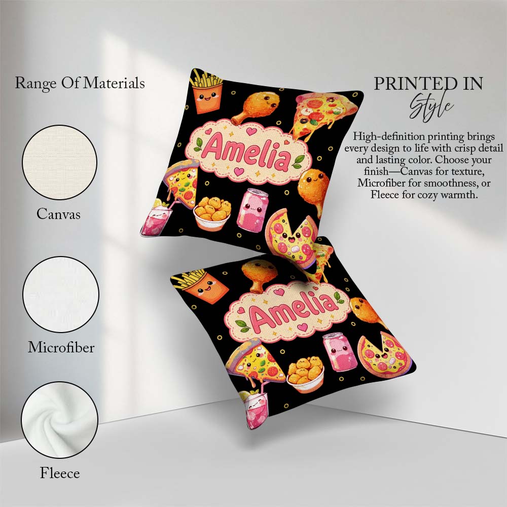 Custom Name Kawaii Fast Food Pizza Chicken Soda Black Background Square Filled Cushion Throw Pillow Sofa Bed Home Decor Zip Washable UK Made