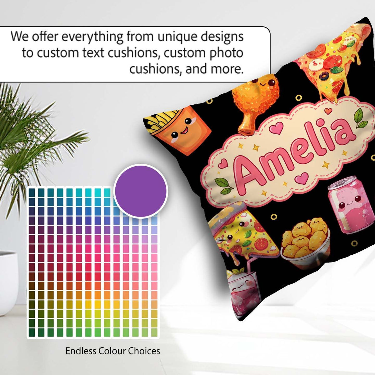 Custom Name Kawaii Fast Food Pizza Chicken Soda Black Background Square Filled Cushion Throw Pillow Sofa Bed Home Decor Zip Washable UK Made