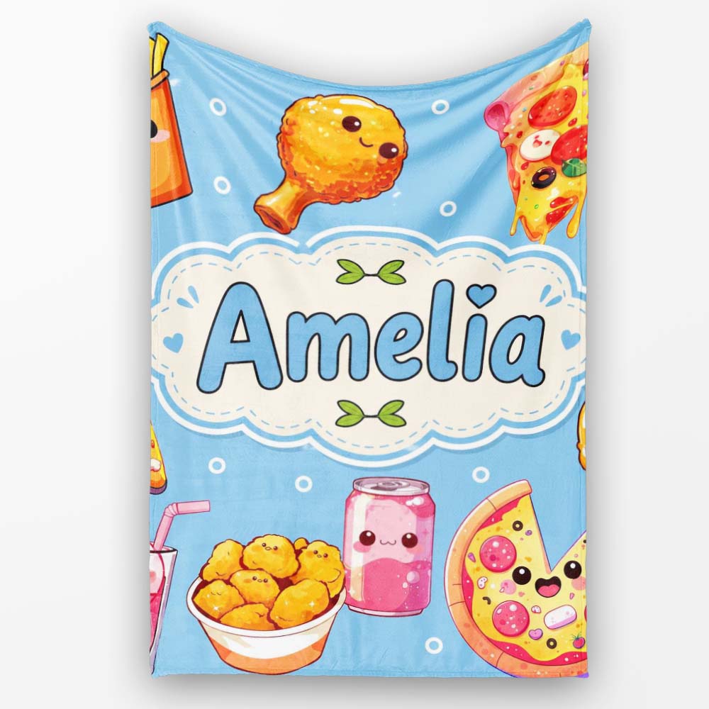 Cute Kawaii Fast Food Pizza Chicken Soda Blue Background Seamless Personalised Custom Name Super Soft Fleece Blanket Bed Sofa Throw
