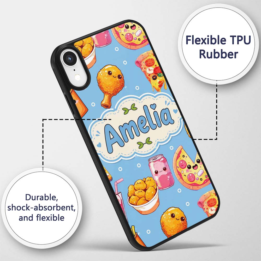 Cute Kawaii Fast Food Pizza Chicken Soda Blue Custom Name Protective Phone Case Mobile Cover Durable Everyday Smartphone Shock Resistant