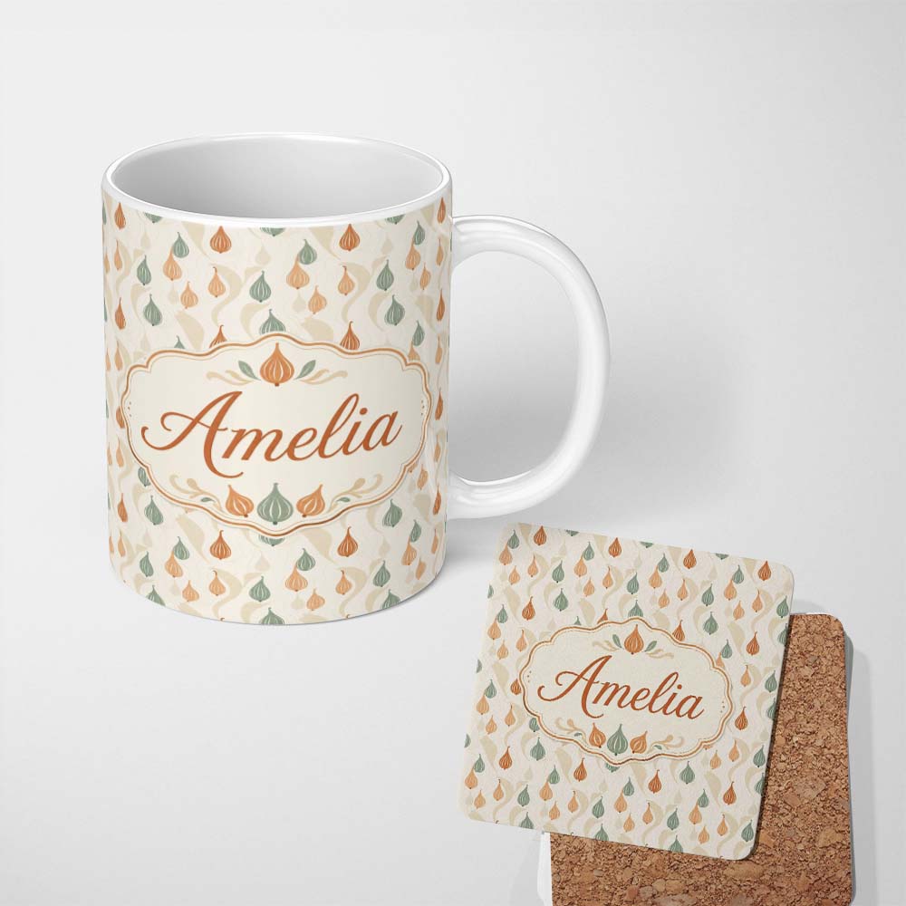 Personalized Custom Name Soft Onion Pattern Sage Green and Terracotta Botanical Style Lovely 11oz Ceramic Coffee Tea Mug White Large Handle