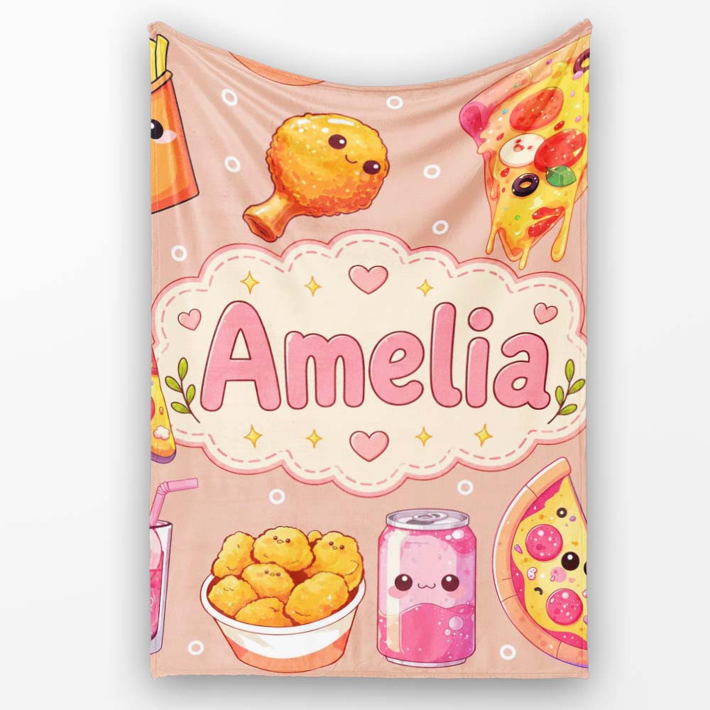 Cute Kawaii Fast Food Pizza Chicken Soda Peach Background Seamless Personalised Custom Name Super Soft Fleece Blanket Bed Sofa Throw