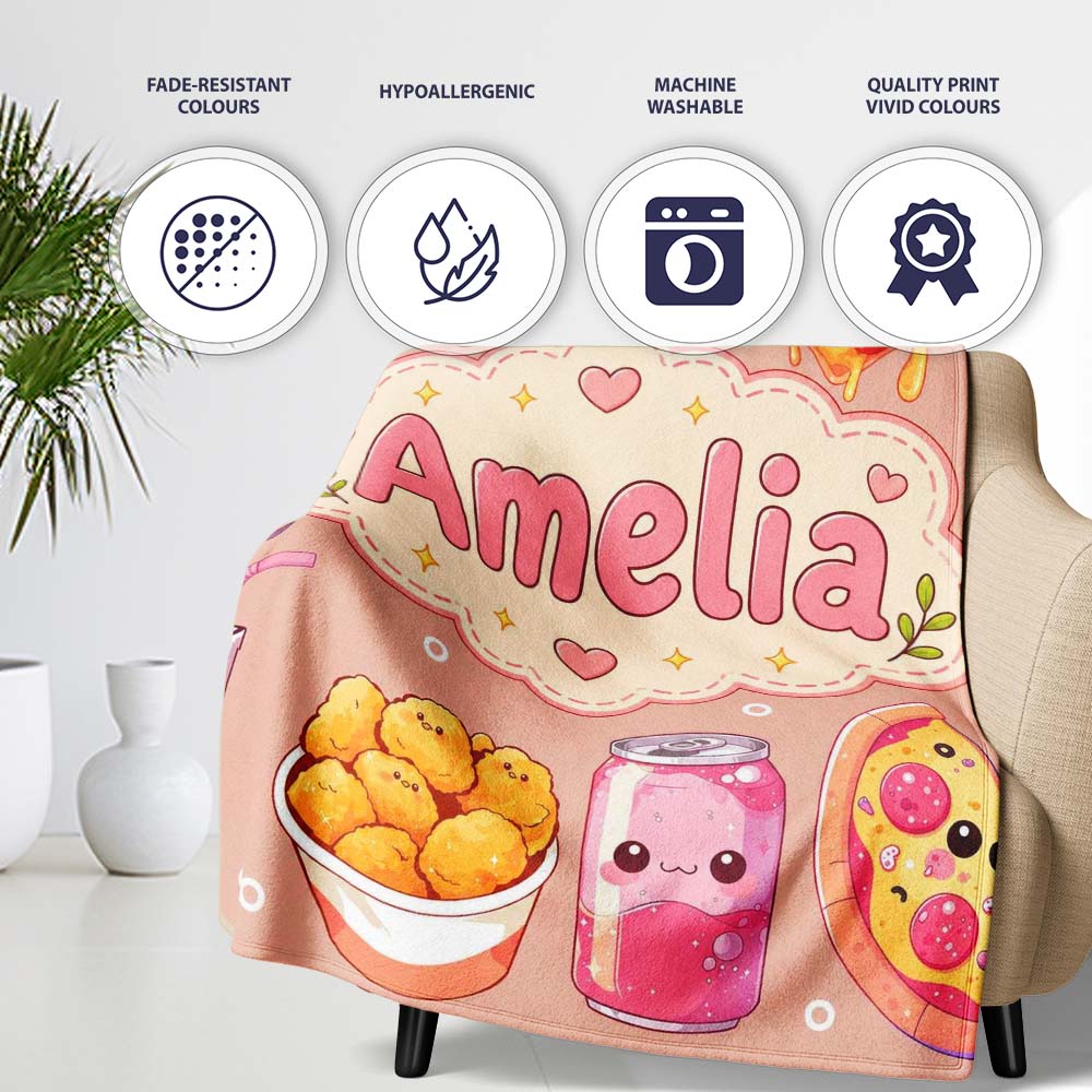 Cute Kawaii Fast Food Pizza Chicken Soda Peach Background Seamless Personalised Custom Name Super Soft Fleece Blanket Bed Sofa Throw