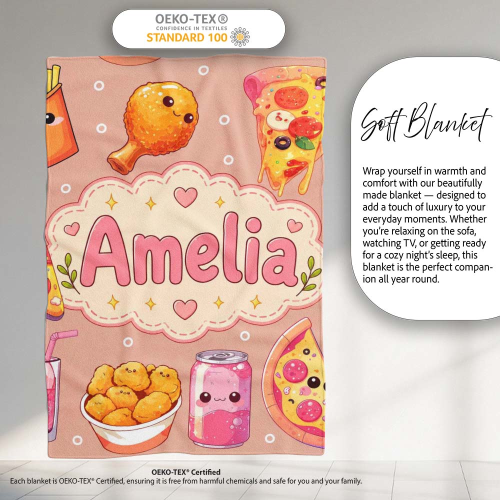 Cute Kawaii Fast Food Pizza Chicken Soda Peach Background Seamless Personalised Custom Name Super Soft Fleece Blanket Bed Sofa Throw