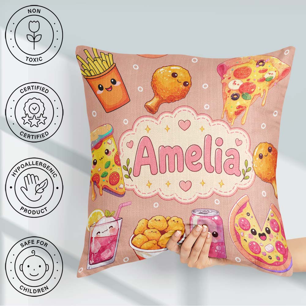 Custom Name Kawaii Fast Food Pizza Chicken Soda Peach Background Square Filled Cushion Throw Pillow Sofa Bed Home Decor Zip Washable UK Made