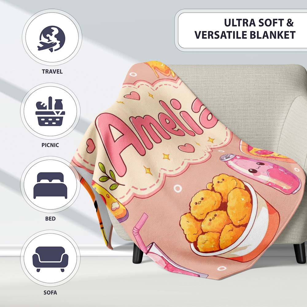 Cute Kawaii Fast Food Pizza Chicken Soda Peach Background Seamless Personalised Custom Name Super Soft Fleece Blanket Bed Sofa Throw