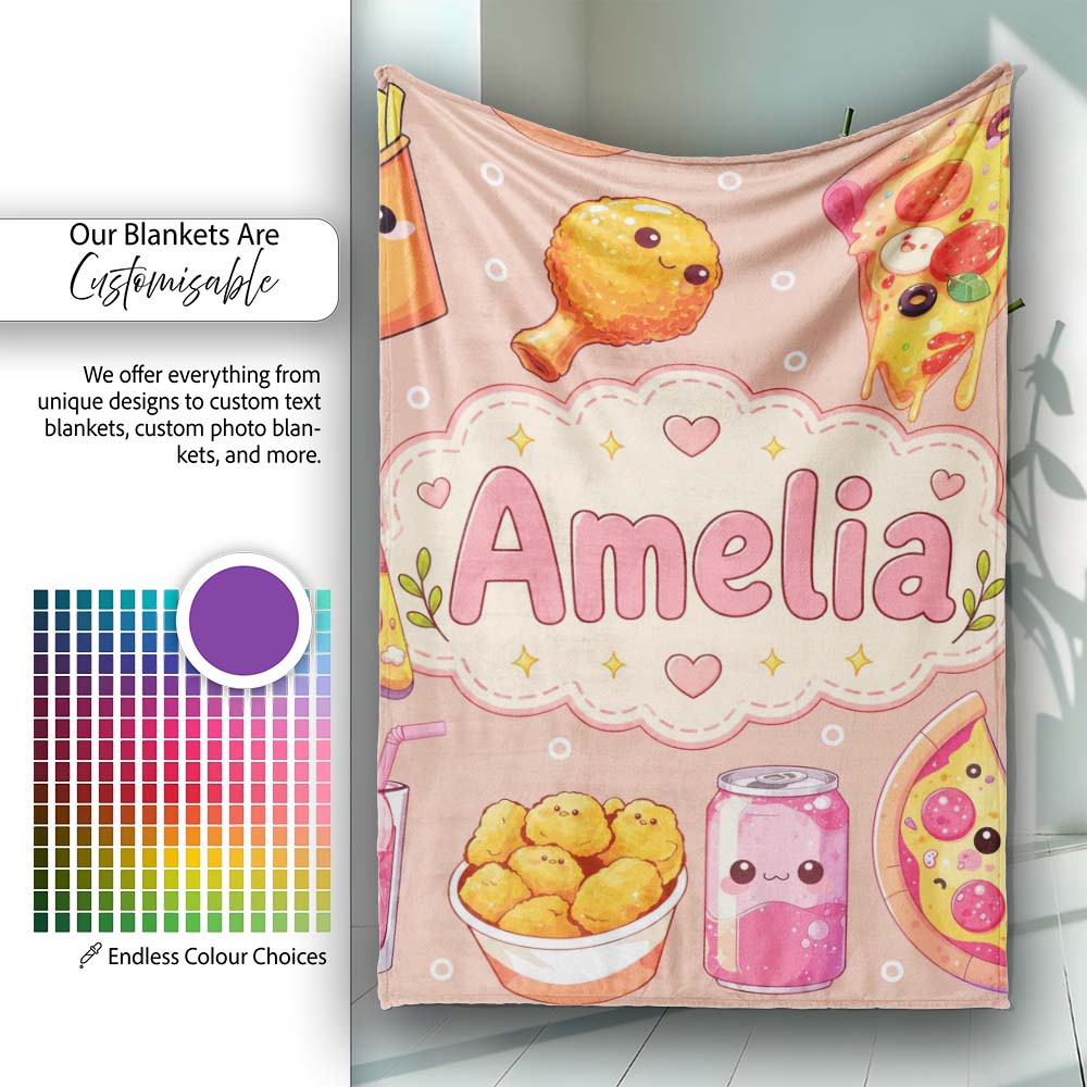 Cute Kawaii Fast Food Pizza Chicken Soda Peach Background Seamless Personalised Custom Name Super Soft Fleece Blanket Bed Sofa Throw