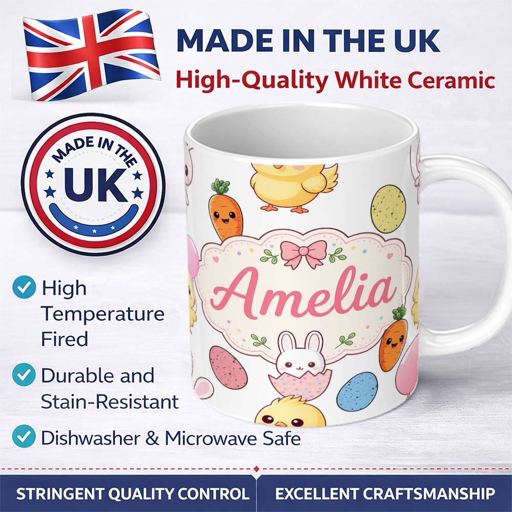 Personalized Custom Name Cute Easter Bunny Chick Carrots Eggs Polka Dot Seamless Pattern Grey 11oz Ceramic Coffee Tea Mug White Large Handle