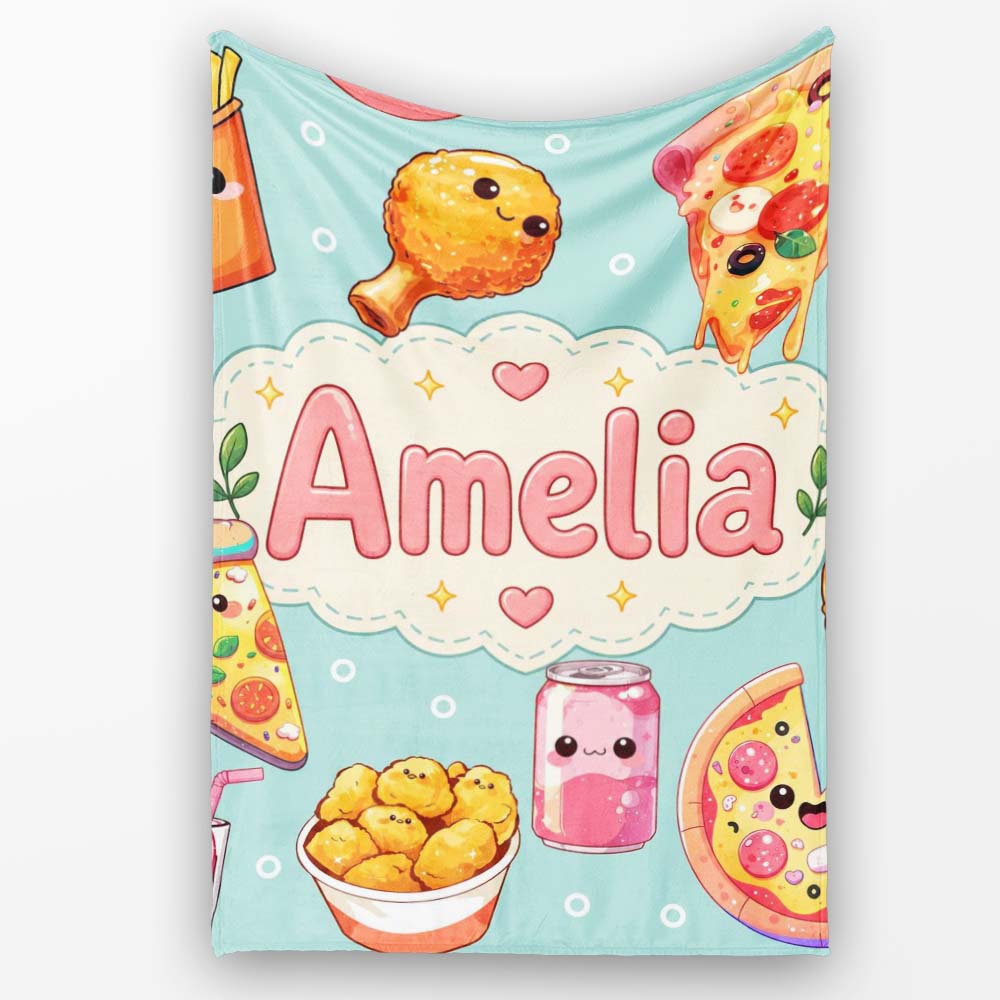 Cute Kawaii Fast Food Pizza Chicken Soda Mint Background Seamless Personalised Custom Name Super Soft Fleece Blanket Bed Sofa Throw