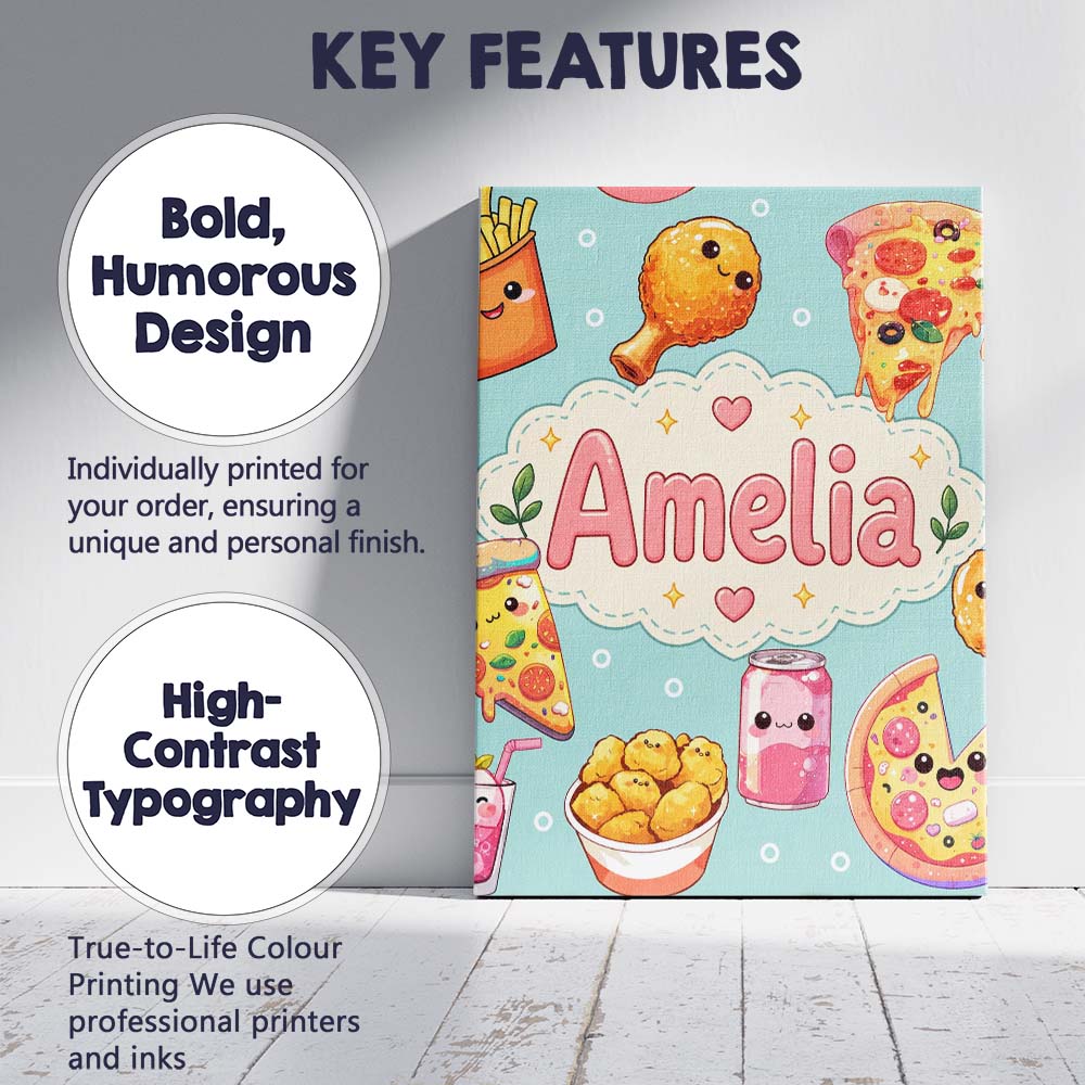 Personalised Name Cute Kawaii Fast Food Custom Modern Room Accent Elegant Feature Canvas Wall Art Print Decor Picture Ready to Hang