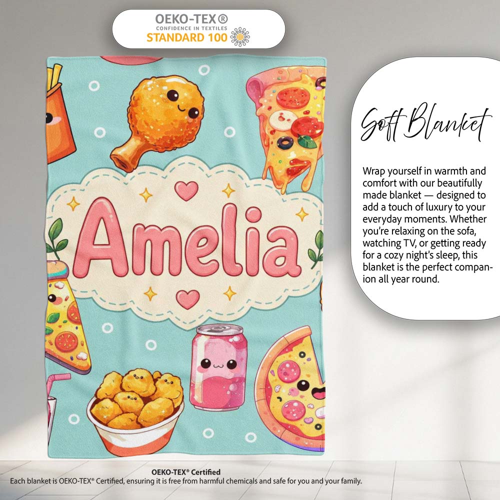 Cute Kawaii Fast Food Pizza Chicken Soda Mint Background Seamless Personalised Custom Name Super Soft Fleece Blanket Bed Sofa Throw