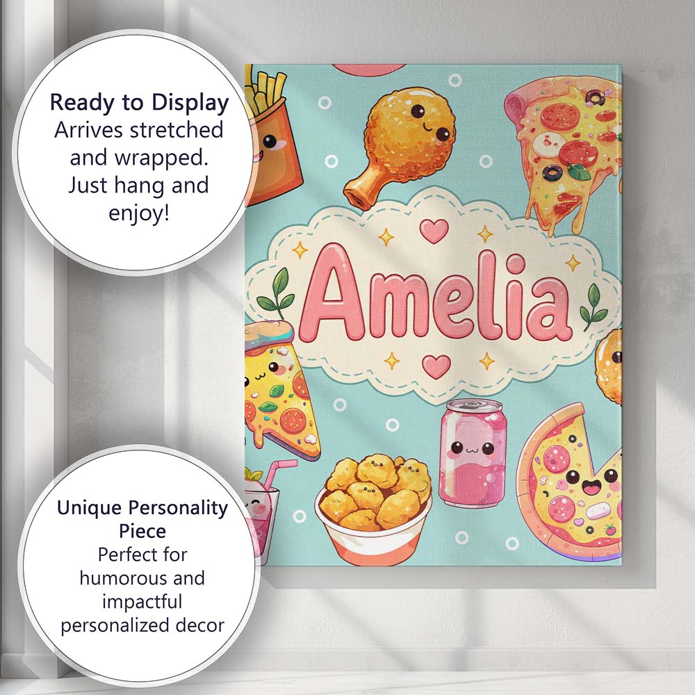 Personalised Name Cute Kawaii Fast Food Custom Modern Room Accent Elegant Feature Canvas Wall Art Print Decor Picture Ready to Hang