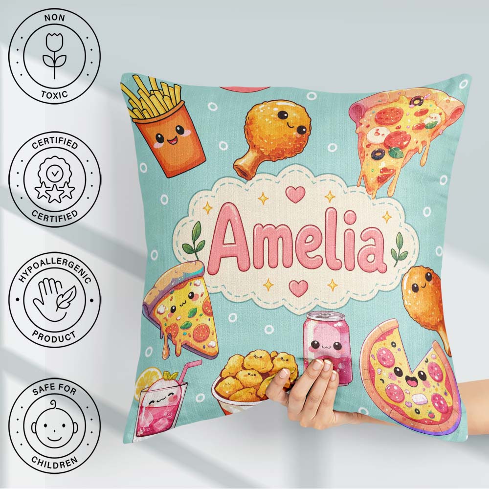 Custom Name Kawaii Fast Food Pizza Soda Mint Background Seamless Square Filled Cushion Throw Pillow Sofa Bed Home Decor Zip Washable UK Made