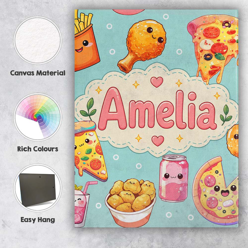 Personalised Name Cute Kawaii Fast Food Custom Modern Room Accent Elegant Feature Canvas Wall Art Print Decor Picture Ready to Hang