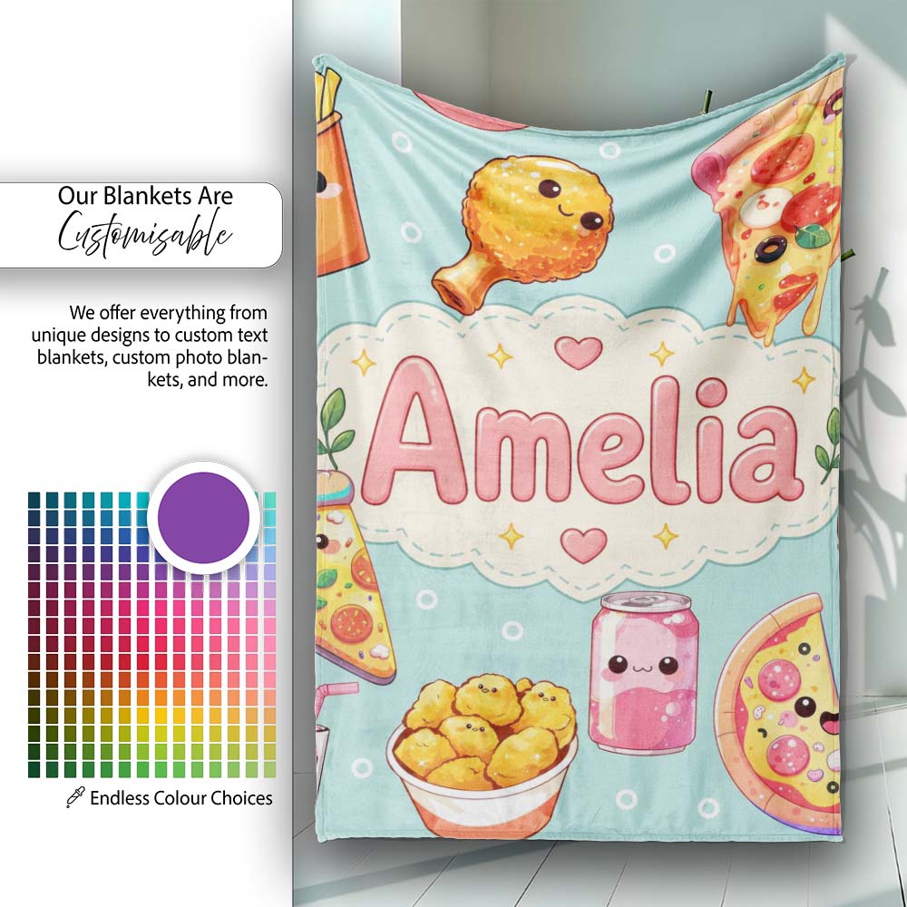 Cute Kawaii Fast Food Pizza Chicken Soda Mint Background Seamless Personalised Custom Name Super Soft Fleece Blanket Bed Sofa Throw