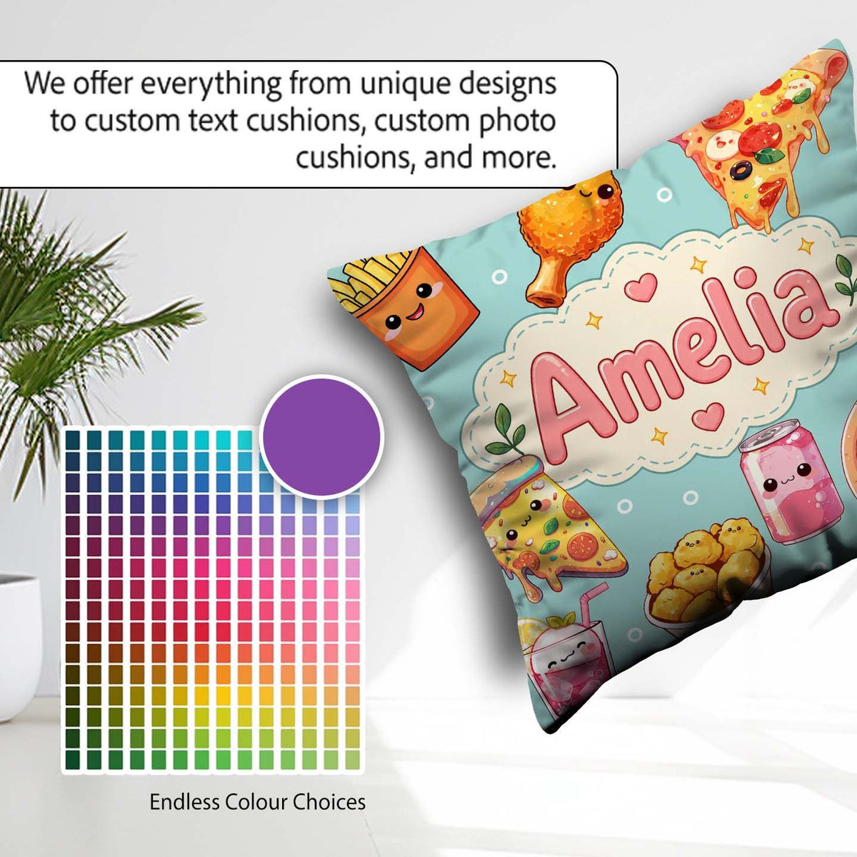 Custom Name Kawaii Fast Food Pizza Soda Mint Background Seamless Square Filled Cushion Throw Pillow Sofa Bed Home Decor Zip Washable UK Made