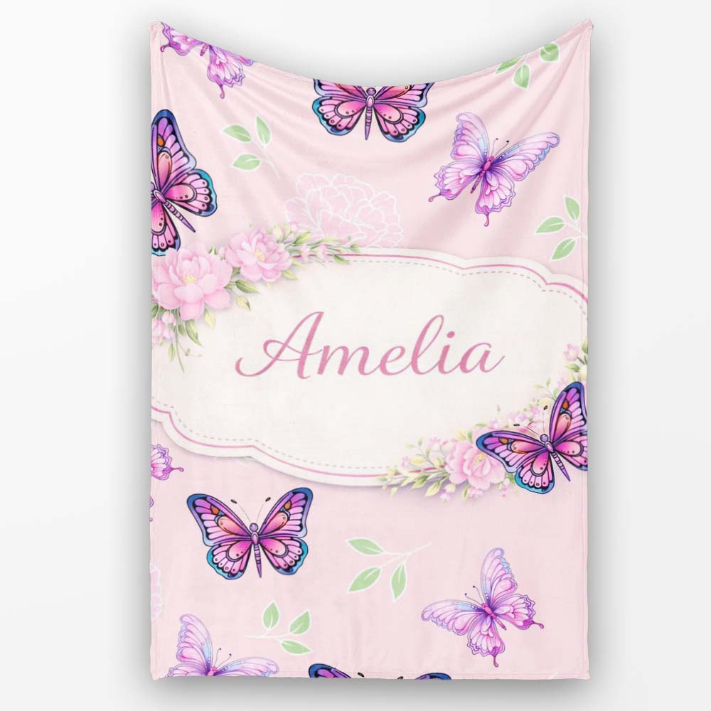 Pink Purple Butterfly Floral Soft Pink Background Seamless Pattern Personalised Custom Name Super Soft Fleece Blanket Bed Sofa Throw