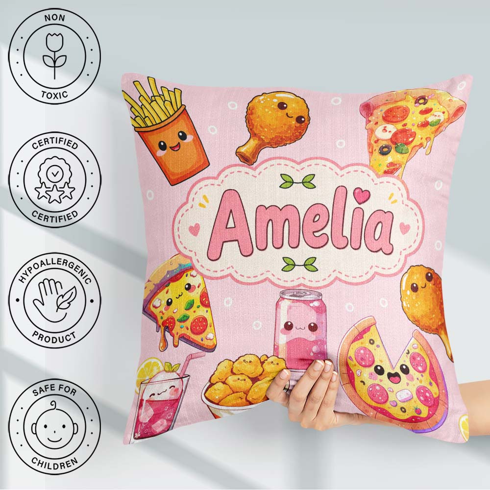 Custom Name Cute Kawaii Fast Food Pizza Chicken Soda Blush Pink Square Filled Cushion Throw Pillow Sofa Bed Home Decor Zip Washable UK Made