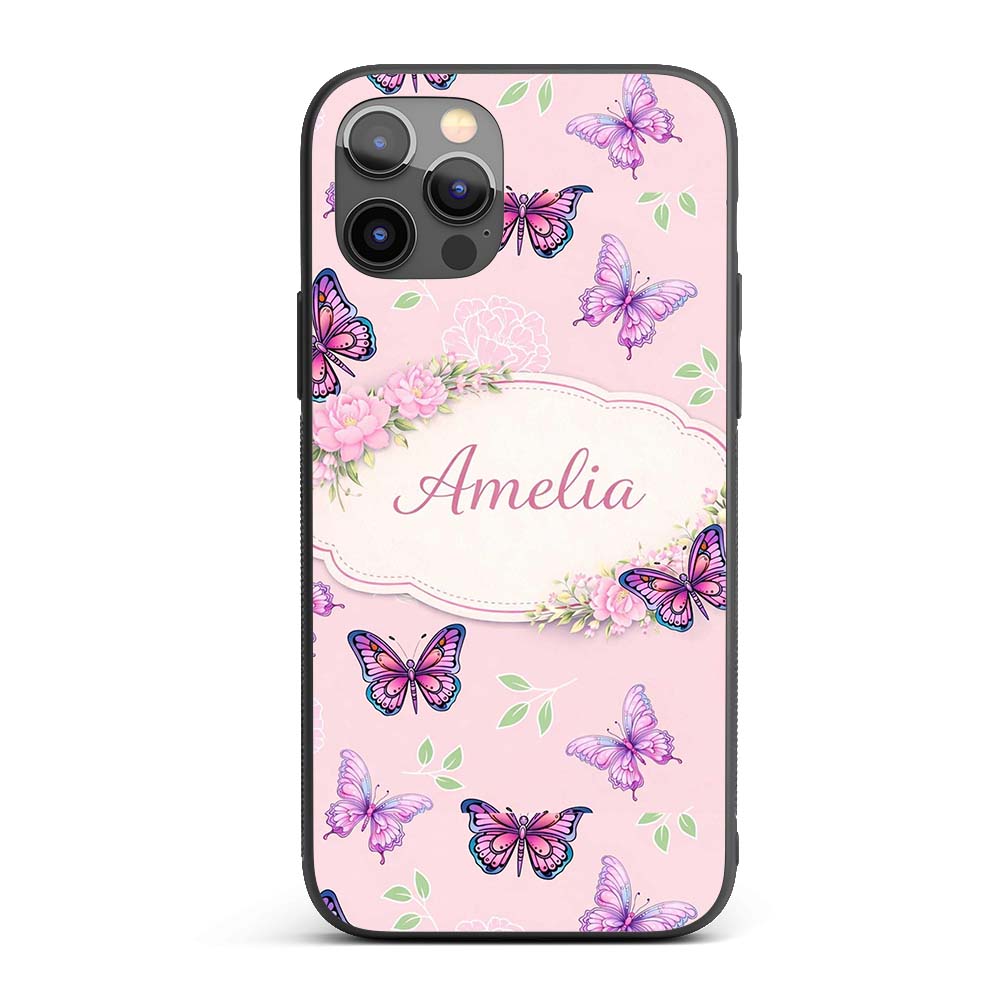 Pink Purple Butterfly Floral Soft Pink Background Custom Name Protective Phone Case Mobile Cover Durable Everyday Smartphone Shock Resistant