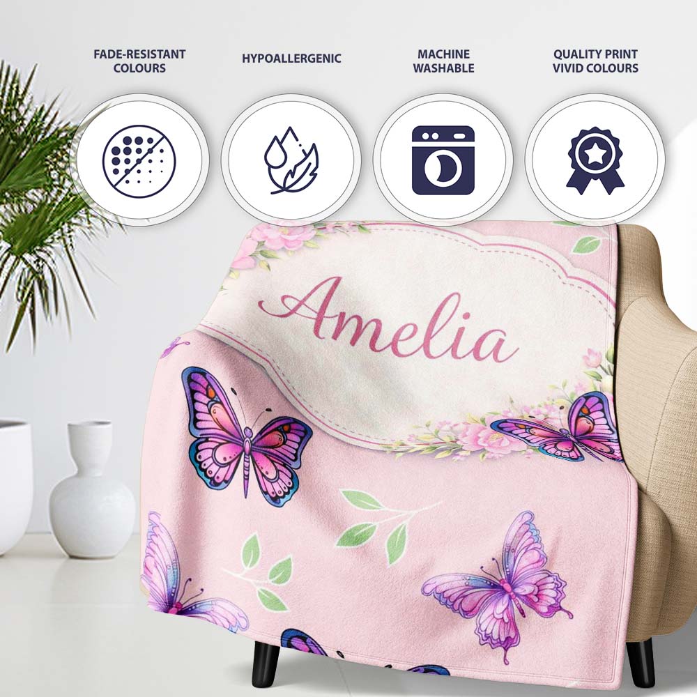 Pink Purple Butterfly Floral Soft Pink Background Seamless Pattern Personalised Custom Name Super Soft Fleece Blanket Bed Sofa Throw