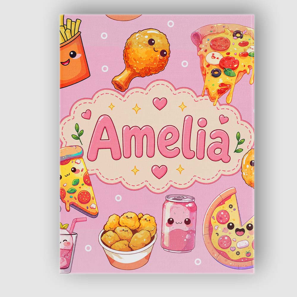 Personalised Name Kawaii Fast Food Pizza Custom Unique Gift Idea Elegant Feature Canvas Wall Art Print Decor Picture Ready to Hang