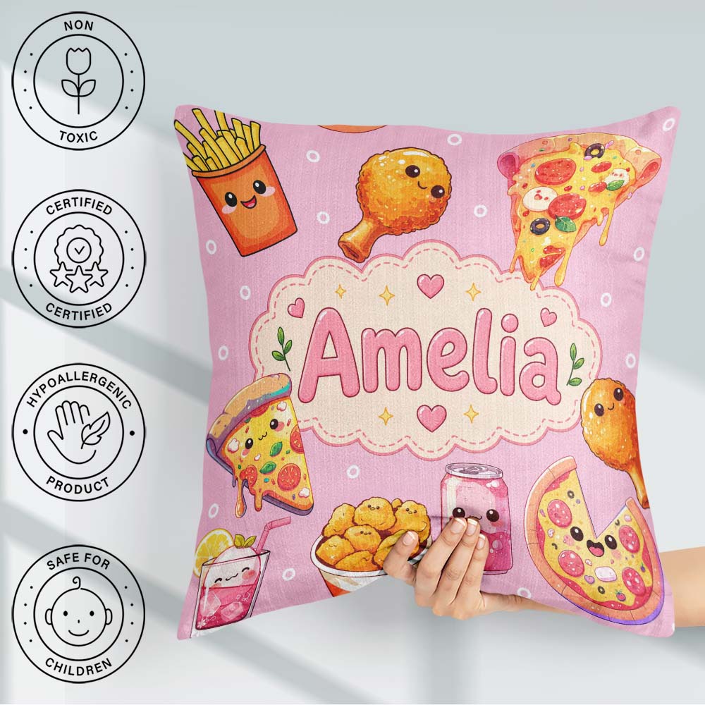 Custom Name Kawaii Fast Food Pizza Chicken Soda Seamless Pattern Square Filled Cushion Throw Pillow Sofa Bed Home Decor Zip Washable UK Made